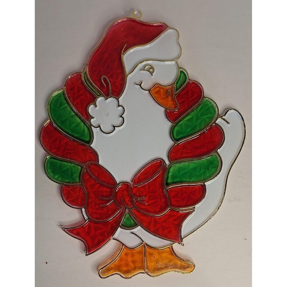 Vintage Christmas Goose Suncatcher Santa Hat Wreath Holiday Window Decor 9.5in